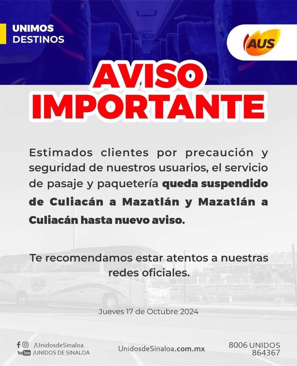CafeNegro3's tweet photo. Ante inseguridad, Autotransportes Unidos de Sinaloa suspende operaciones de manera tempranal https://t.co/Re4G2nXVoW