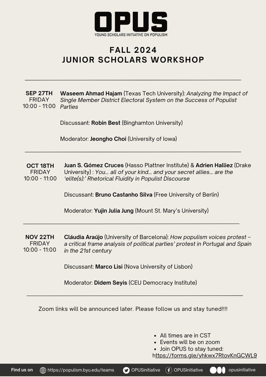 📢 Join us TODAY (Oct 18) for OPUS Junior Scholars' Workshop at 10 AM CDT (5 PM CEST)! 
🎤Presenter: <a href="/JuanGoCr/">Juan S. Gómez-Cruces</a> (<a href="/HPI_DE/">Hasso-Plattner-Institut</a>)  
📖Topic: "Rhetorical Fluidity in Populist Discourse" 
💬 Discussant: <a href="/b_castanho/">Bruno Castanho Silva (@bcastanho.bsky.social)</a>  
👩‍💼 Moderator: <a href="/DidemSeyis/">Didem Seyis</a> 
🔗Registration link: uiowa.zoom.us/meeting/regist…