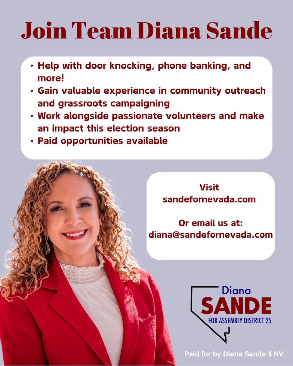 We’re on a mission to bring real change to our community, and I need YOU to help make it happen! If you’re passionate, motivated, and want to get involved, we’d love to have you on board. Apply today by emailing diana@sandefornevada.com. Pay starts at $25/hour. #Sande4NV
