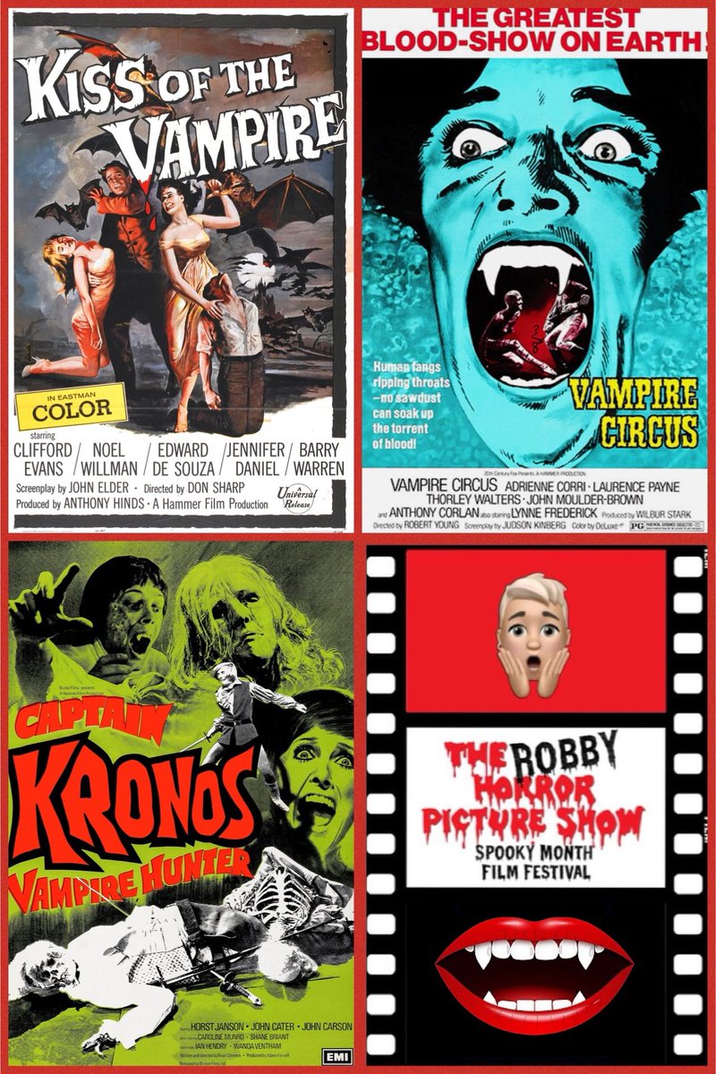 RobbyMSmith's tweet image. Night 17 of The Robby Horror Picture Show: Spooky Month Film Festival! Hammer Films Horror Week! Tonight: #KissOfTheVampire #VampireCircus #CaptainKronosVampireHunter  👻🤪🩸