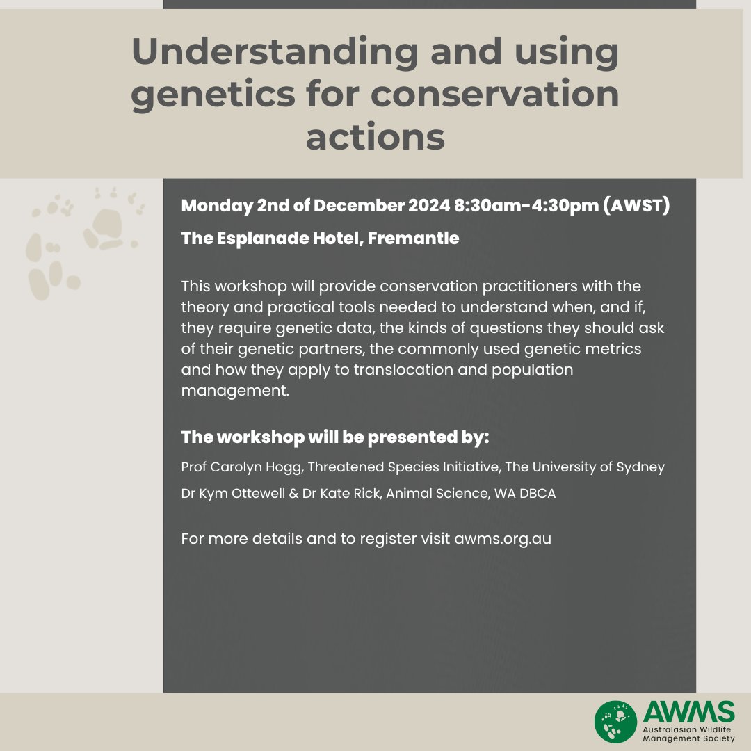 Check out AWMS's one-day workshop on understanding and using genetics for conservation actions! To find out more and register visit: awms.org.au/conference/awm…

Stay tuned for details on other exciting field trips at this years AWMS conference in Fremantle, WA, 2-7 Dec, 2024!