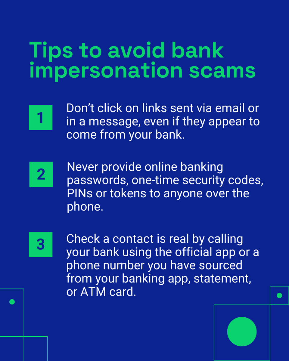 We’re warning consumers to watch out for scammers impersonating their bank to manipulate them into sharing their personal or financial information, transfer money or provide a one-time security code. Share these tips with your network and report scams. bit.ly/4dTqGLU