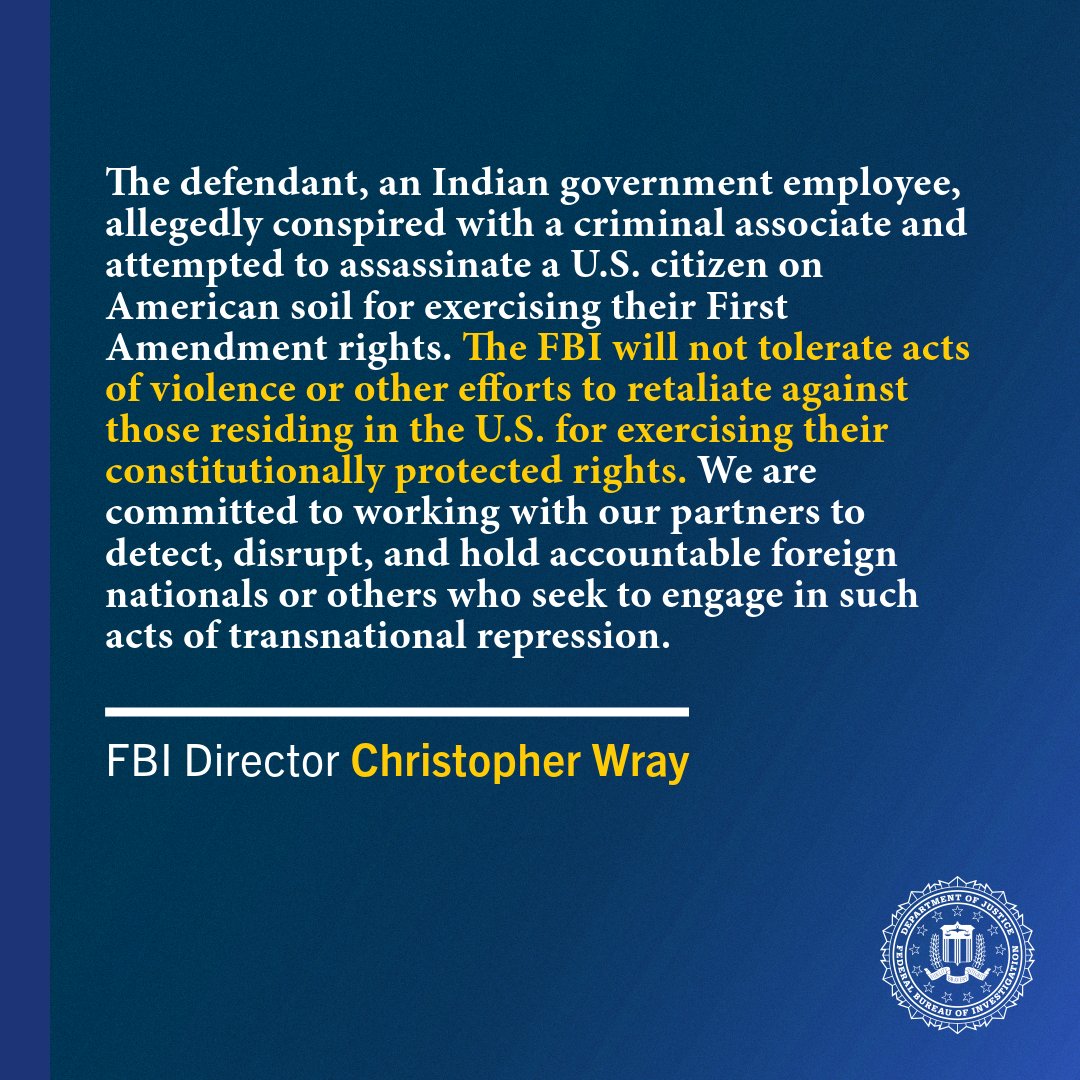 FBI (@fbi) on Twitter photo Justice Department Announces Charges Against Indian Government Employee in Connection with Foiled Plot to Assassinate U.S. Citizen in New York City justice.gov/opa/pr/justice… <a href="/NewYorkFBI/">FBI New York</a> Justice Department Announces Charges Against Indian Government Employee in Connection with Foiled Plot to Assassinate U.S. Citizen in New York City justice.gov/opa/pr/justice… <a href="/NewYorkFBI/">FBI New York</a>
