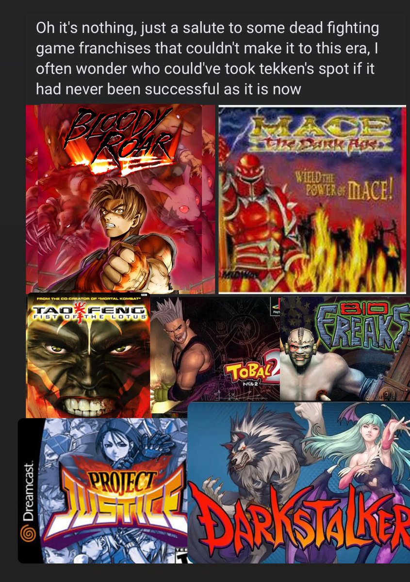 trodgeMEMES's tweet photo. Were you a fan of any of these forgotten fighting game franchises?
#BloodyRoar #Mace #TaoFeng #Tobal2
#BioFreaks #ProjectJustice #DarkStalkers https://t.co/GK4SDrrbKU