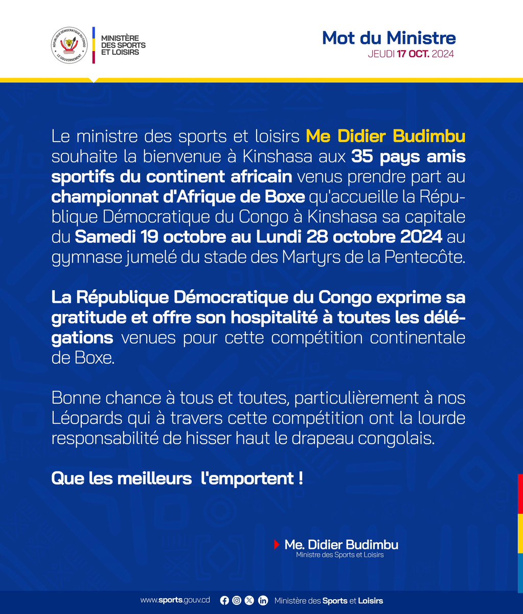 MinSport_Loisir's tweet photo. #SportsRDC 17.10.24 | Mot du Ministre | Championnat d’Afrique de Boxe 

#boxe #rdc https://t.co/NtwH9LHmPx