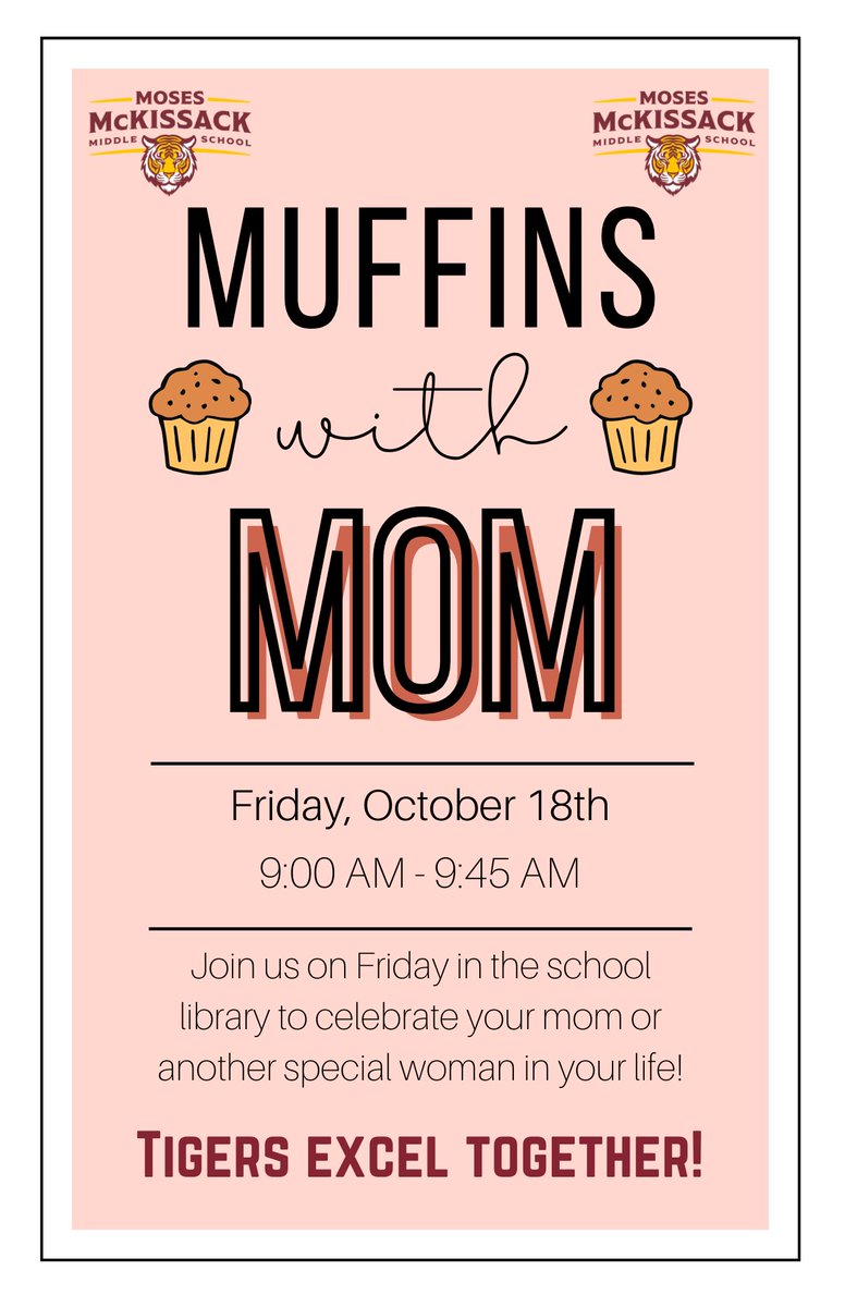 McKissackMiddle's tweet photo. McKissack ladies, it is your turn! You are cordially invited to join us for "Muffins with Moms" tomorrow from 9 - 9:45 am in our school's library. Come have some fun with your scholar as we enjoy some wonderful muffins and other breakfast delights. https://t.co/ujnHpdgc7a