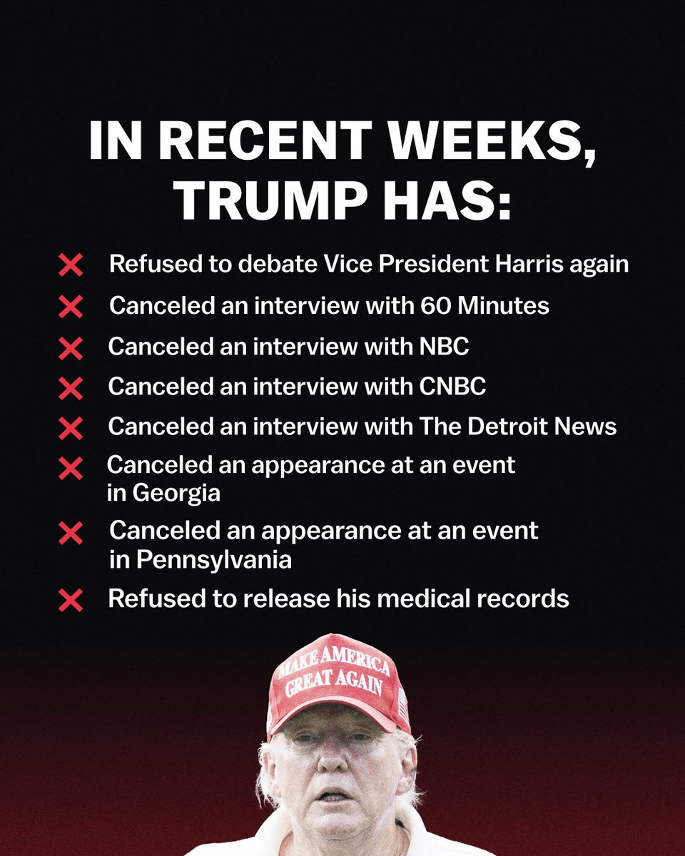 MAGALieTracker's tweet photo. BREAKING: Donald Trump has now canceled SIX events in recent weeks. If Joe Biden or Kamala Harris did this, the media would be up in arms. Everyone should be concerned about Trump’s mental state and fitness to serve. https://t.co/ENelcmhSz2