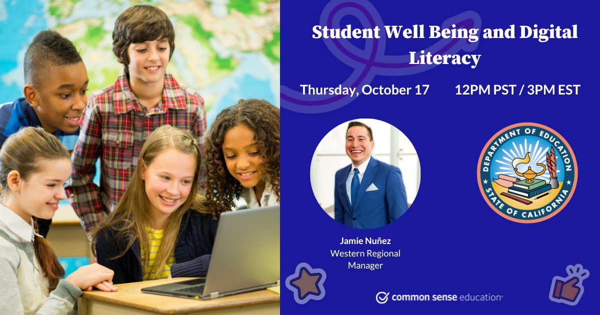 Join Western Regional Manager Jamie Nuñez and the <a href="/CADeptEd/">CA Department of Education</a> this afternoon for a discussion on student well-being and digital literacy for #DigCitWeek. Register now: us02web.zoom.us/webinar/regist… #digcit #digitalliteracy