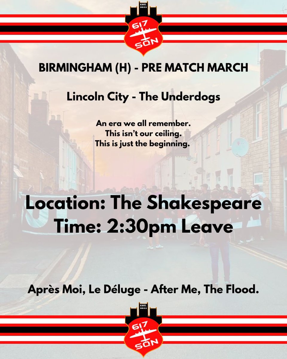 Birmingham - Pre Match March. 

Let’s be the 12th man and bring a wall of noise on Saturday for the whole 90 minutes. 

Apres moi, le deluge. 

617/UL11