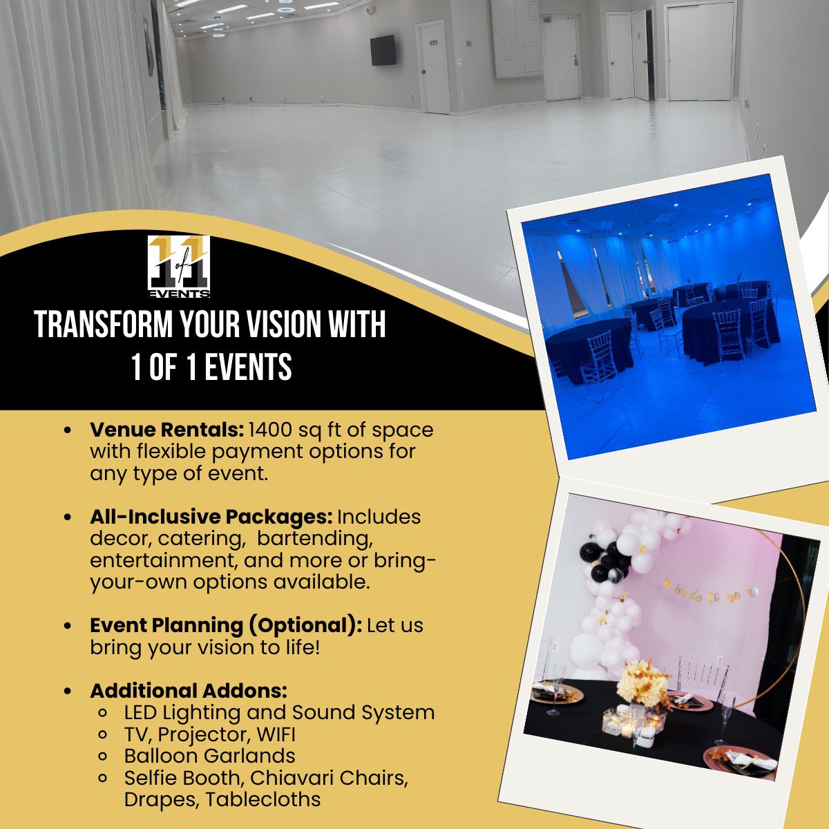 1of1EventsDMV's tweet photo. Looking for the perfect venue to make your next event unforgettable? Whether it’s a reception, birthday, brunch, or something more glamorous—One of One Events has exactly what you need! 💫
#EventPlanning #VenueRental https://t.co/mTSkAg4hve