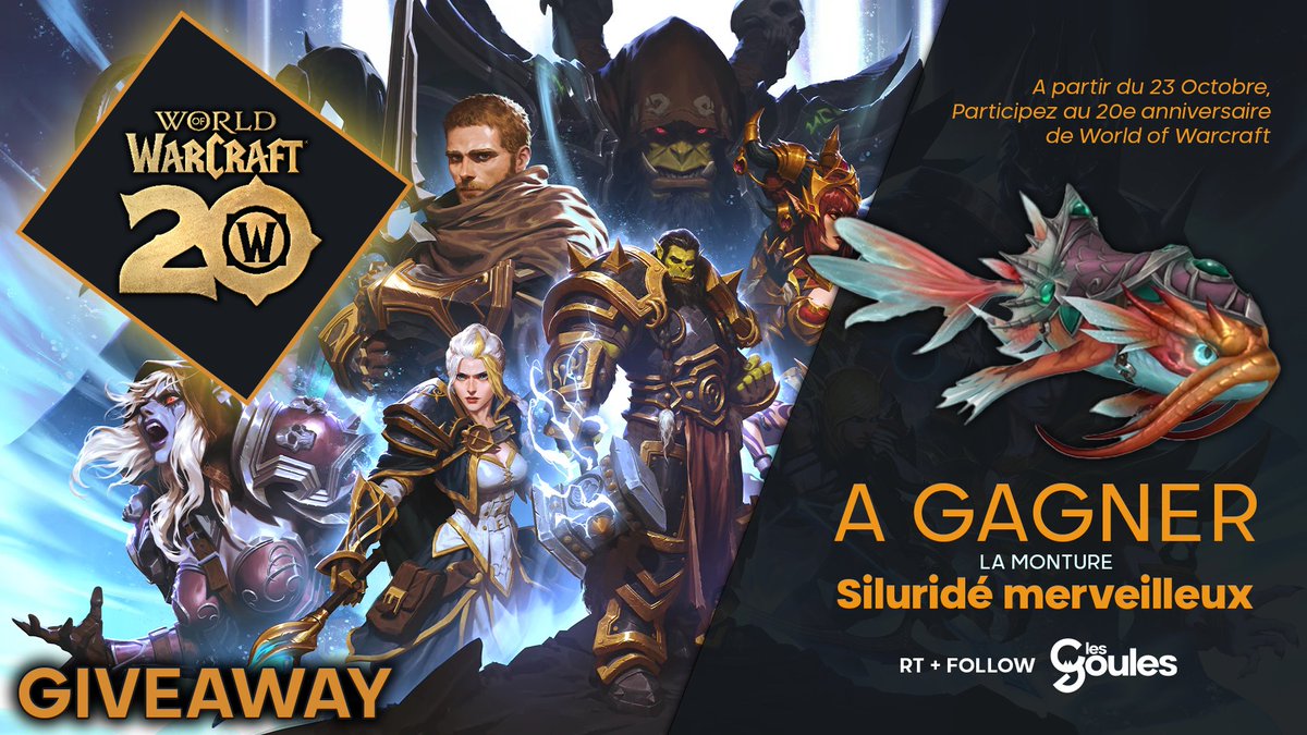 ⏰ALERTE GIVEAWAY     
Le patch célébrant les 20 ans de World of Warcraft sort le 23 octobre !  
Quoi de mieux pour ça que de vous offrir une belle monture <a href="/Warcraft_FR/">Warcraft FR</a>

Pour participer ? 
 🔃 RT 
✅Follow <a href="/LesGoules_/">LesGoules</a>

Tirage au sort le 23 octobre !  #TheWarWithin #WoW_Partner