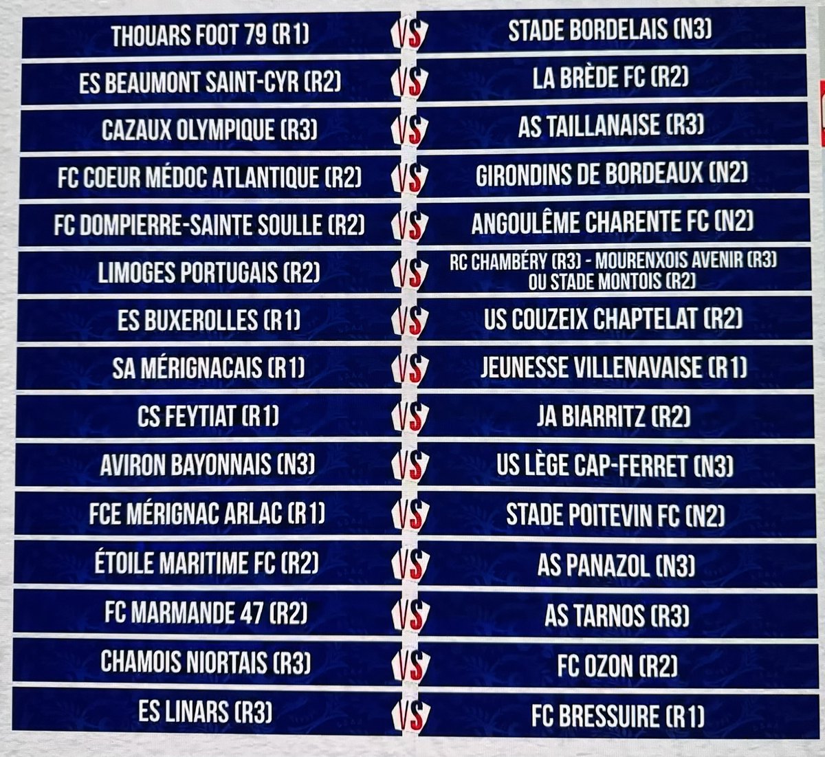 DonFcgb's tweet photo. 🏆 #CoupeDeFrance :
🗳️ Le tirage au sort complet du 6️⃣e tour de la @coupedefrance pour la région #NouvelleAquitaine !
#CDF #FFF #LFNA https://t.co/ZS4SYo2gnX