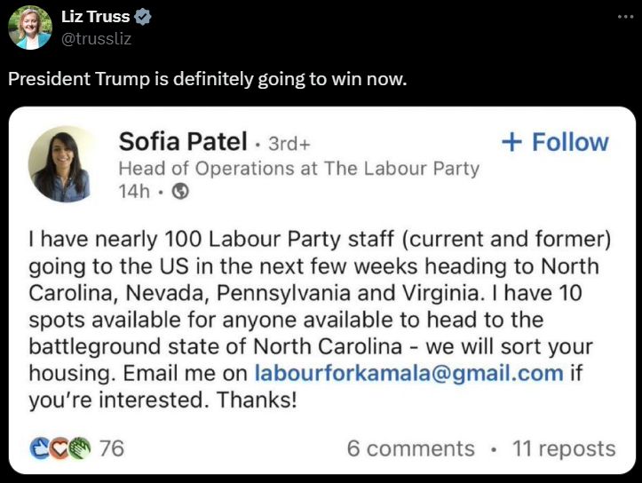 PolitlcsUK's tweet photo. 🚨 NEW: Responding to this, US Congresswoman Marjorie Taylor Greene says "Please go back to the UK and fix your own mass immigration problems that are ruining your country" 

She claims Labour are breaking US laws

https://t.co/muA6Gs1g2R https://t.co/s1LXxb0JOl