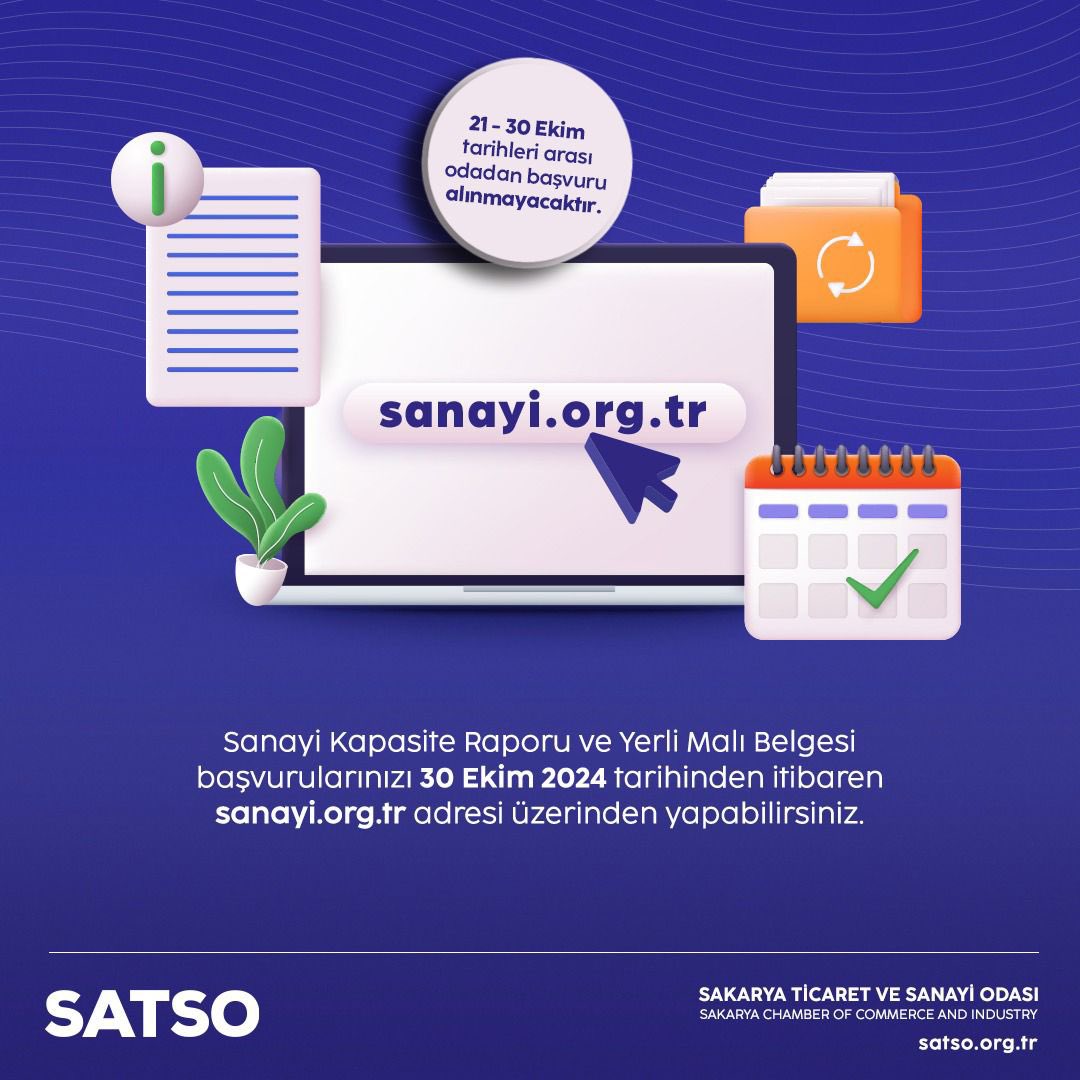 SATSO54's tweet photo. Türkiye Odalar ve Borsalar Birliği (TOBB) - Sanayi Kapasite Raporları ve Yerli Malı Belgeleri başvurularını üyeden başlatarak tarafımıza kadar ulaşmasını sağlayacak Sanayi Bilgi Sistemi (SBS)‘nin son haliyle bir geçiş süreci planlanmış olup, bu plan çerçevesinde “21 Ekim Pazartesi (dahil) – 29 Ekim Salı (dahil) tarihleri arasında herhangi bir Sanayi Kapasite Raporu ve Yerli Malı Belgesi başvurusu alınmayacak ve 30 Ekim itibariyle bütün başvurular SBS (https://t.co/l53e4zAcxW) üzerinden gerçekleştirilecektir.”

Üyelerimize ve kamuoyuna saygıyla duyurulur.