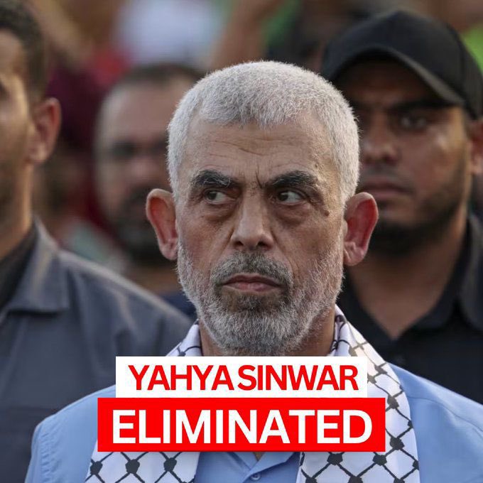 The arch-terrorist Yahya Sinwar, responsible for the massacre and atrocities of October 7th, was eliminated today by IDF soldiers.

This is a major military and moral achievement for Israel and a victory for the entire free world against the axis of radical Islam led by Iran.