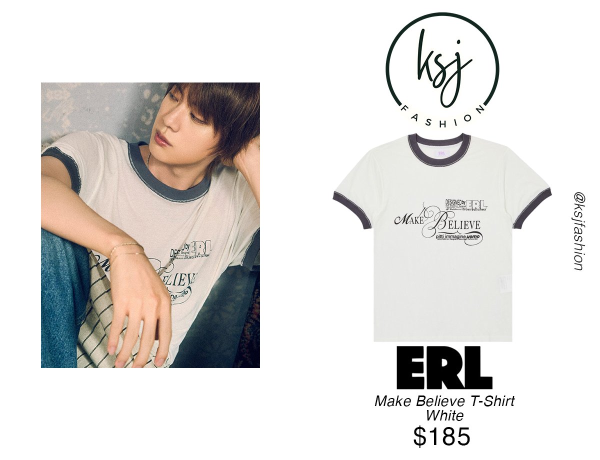 jin wears the make believe t-shirt in white by erl / $185