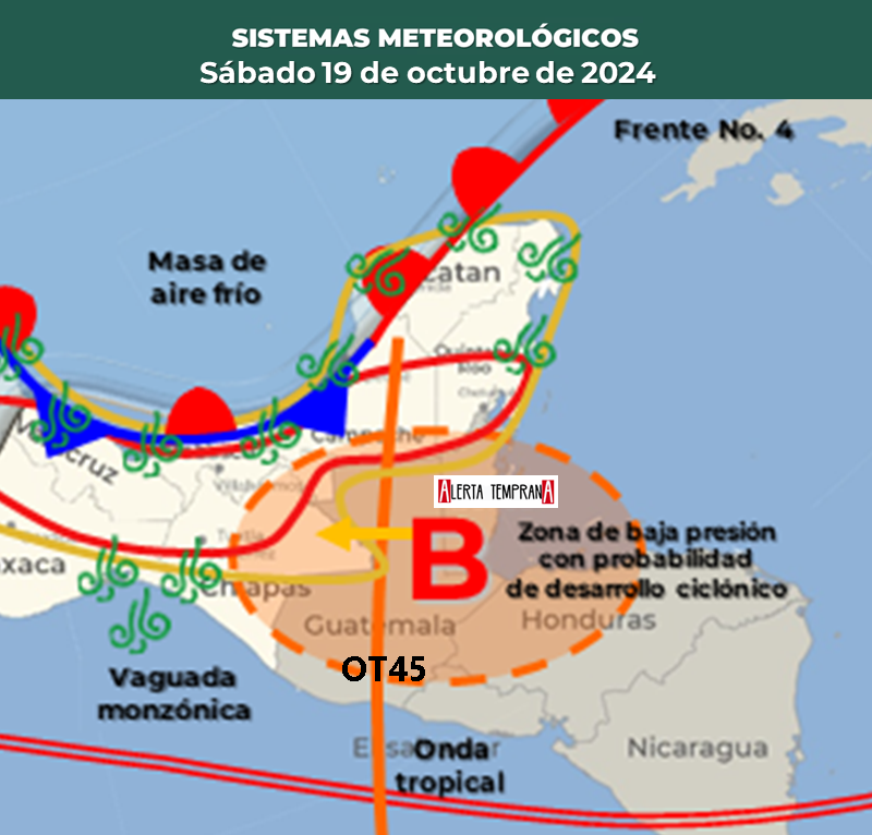 AlertaGt502's tweet photo. 🇬🇹📝El Sábado 19 de octubre #FrenteFrío4 #OndaTropical45 #SistemaDeBajaPresión y #VaguadaMonzónica mantendrán lluvias de fuertes a intensas sobre el norte, oriente y costa sur del país con vientos con rachas de hasta 70km/h y bajas temperaturas
#ClimaGt #TraficoGt #LluviasGt ⚠️ https://t.co/kQKaq22aSu