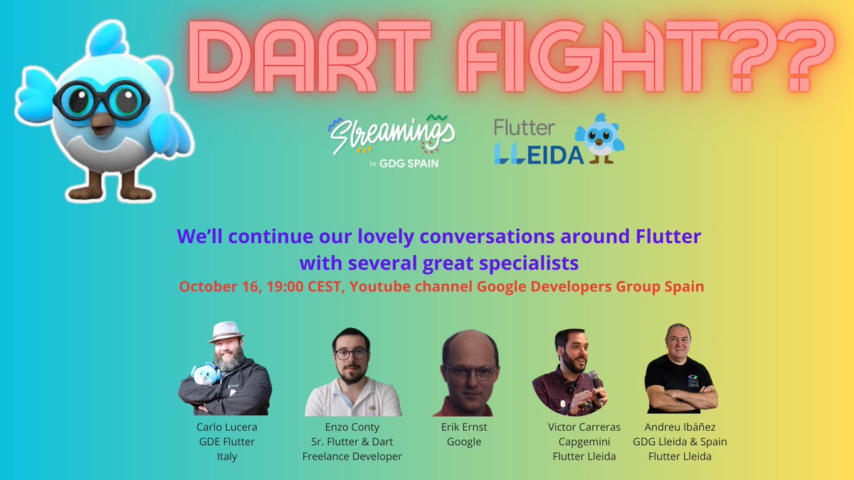 Now you can watch in Youtube the good-sound version of October's #DartFight episode, powered by #GDGSpainStreamings and <a href="/FlutterLleida/">FlutterLleida</a> at youtube.com/watch?v=sDvMNF… <a href="/FlutterDev/">Flutter</a> <a href="/nlycskn/">Nilay Coskun</a> <a href="/vicajilau/">Victor</a> <a href="/alfredobs97/">Alfredo Bautista 💙</a>