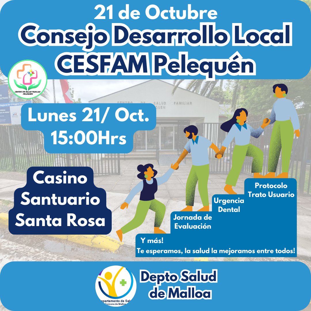 saludmalloa's tweet image. Este lunes 21, ¡Reunión del Consejo de Desarrollo en el CESFAM Pelequén! 🚀💙

📍 Lugar: Casino Santuario Santa Rosa
🕒 Hora: 15:00 hrs
Hablaremos de Protocolo de Trato al Usuario, Urgencia Dental, Evaluaciones y más. ¡Te esperamos! 🙌👨‍⚕️👩‍⚕️

#CESFAMPelequén #SaludComunitaria