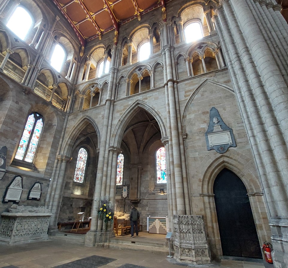 Ivana_Nika's tweet photo. 22nd May 1832
"Minster under repair — quite plain within — not an atom of painted glass — very few monuments — a little York, but transept windows lancet-arched, and towers very squat and low"

#AnneLister visits Ripon Cathedral, until 1836 known as Ripon Minster, founded by Saint Wilfrid in 672AD who is buried in the nave. 
Its beautiful lancet windows in the transept are a fine example of Early English gothic from the 13th century, when the 3rd church was built in the same place.
Besides the 2 twin towers, there is also a central tower of the same height.
Most of the painted glass was installed during Victorian times, and it takes some time to read through most of the tablets on the walls of the Cathedral to realize that the observation "very few monuments" in the Cathedral in 1832 might be correct. Although there are a few statues and tombs scattered inside.
#NorthYorkshire