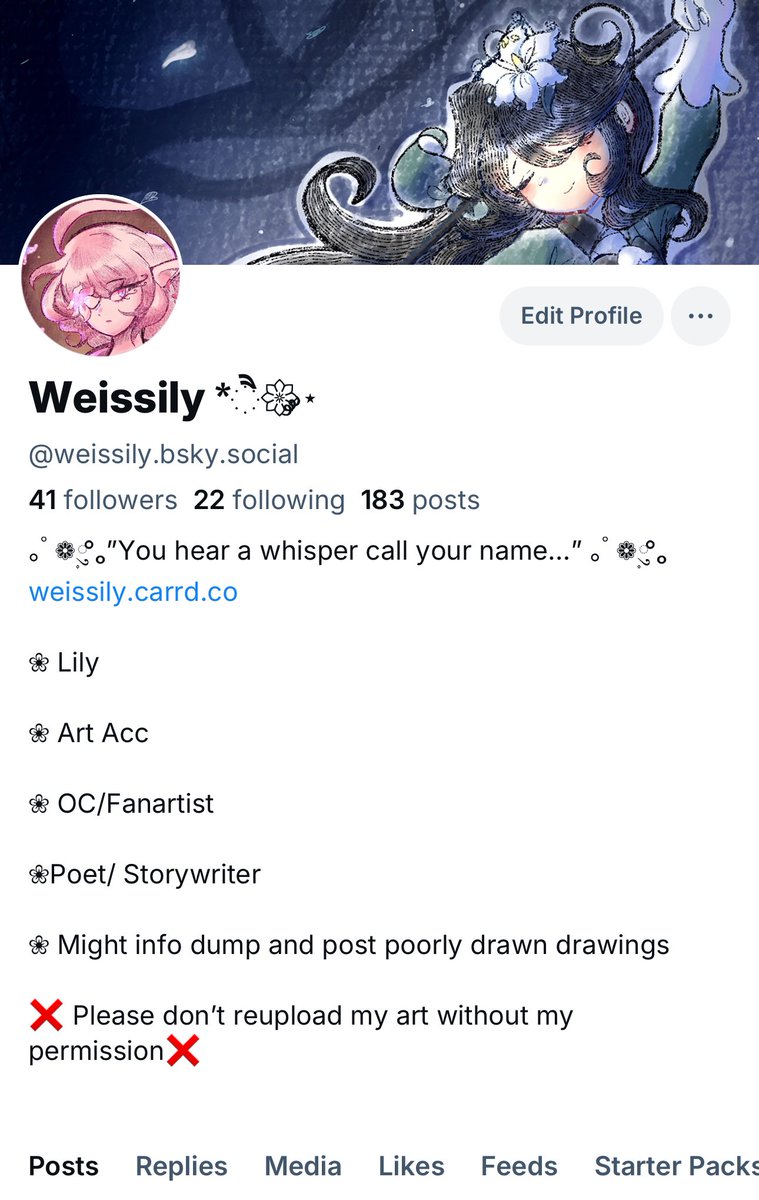 TheWeissLily's tweet photo. It case I haven’t been posting much, here’s my Bluesky once again. ;v;

I have been slowly consistency posting here often, so you might see more post there than here. https://t.co/8HBzpYpKAy