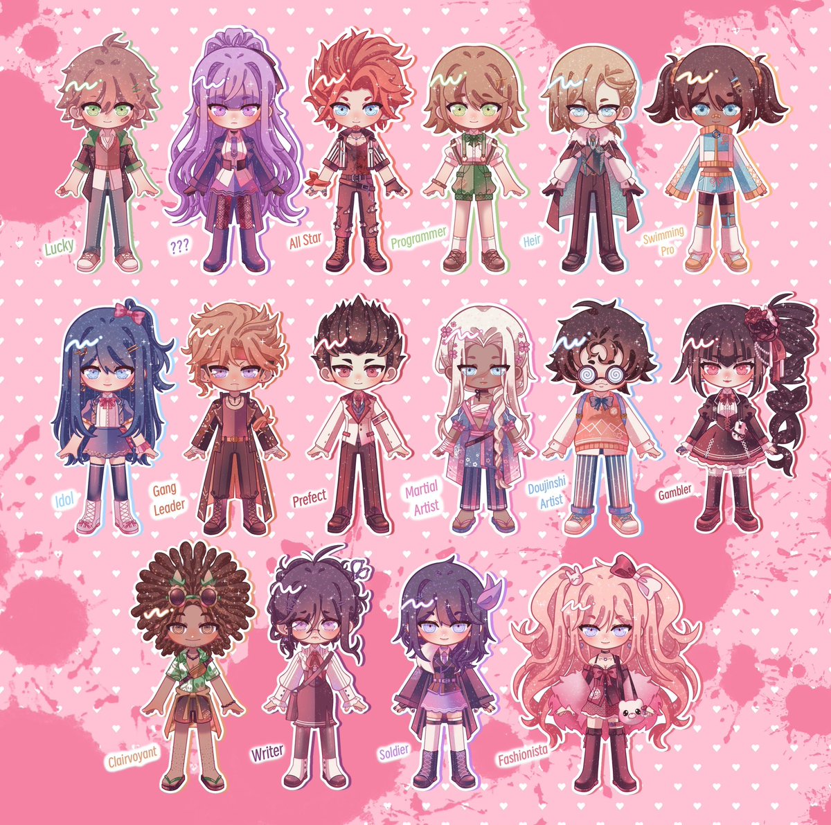 chocoboss_chian's tweet photo. I made this chibis of my DR redesigns (Or more like ocfication at this point) on summer to have a little reference while I finish the full desings!!! Hope you enjoy them, it was a wild ride fishing all of them 🫠
#danganronpa https://t.co/bXbXeE52Yl