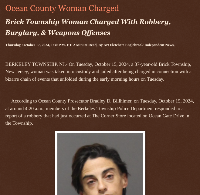 ArtFletcher9's tweet photo. Ocean County Woman Charged https://t.co/TLxD11v68h via @Englebrooknews #oceancountynj #berkeleytownshipnj #bricktownshipnj #robbery #weapons #lakewoodnj @wireless_step @HRG_Media @LodiNJNews @SugarMAGA @fordmb1 @SarahGeving1 @Shannon96574094 @daytobehappy @janninereid1 @gator4kb18 @MichelleF_35 @TrumpWasRite @KathyKbrose @RobGerundo @JimBobW49 @Y6s8D8vmnCo394k @SAM002024 @ramsey_lewis007 @qfd_bruce @DSteampipe @ECOAlphaTango @colacasia2