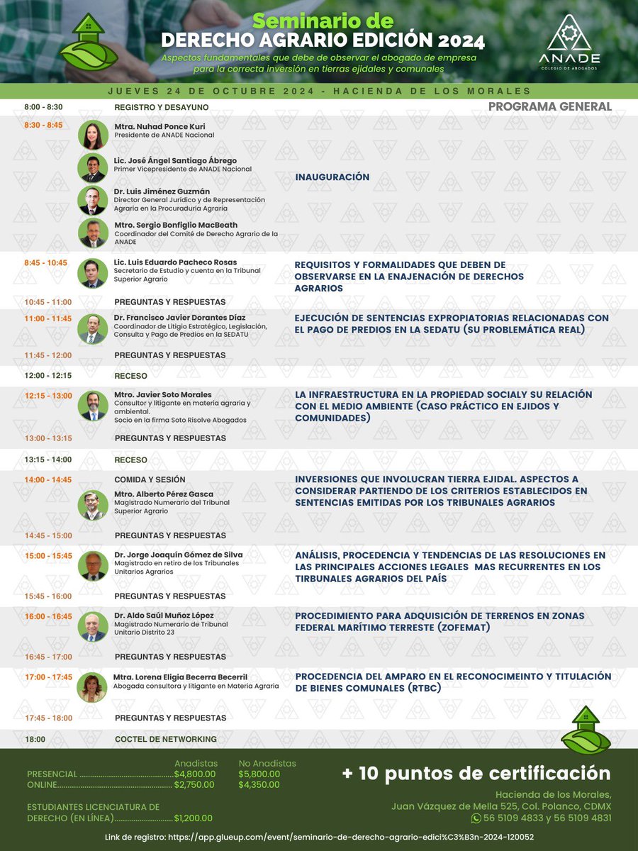 El Comité de Derecho Agrario de #ANADE, te invita al “Seminario de Derecho Agrario, Edición 2024”
✅ Aspectos fundamentales que debe de observar el Abogado de Empresa para la correcta inversión en tierras ejidales y comunales. *En esta ocasión se abordarán casos prácticos de