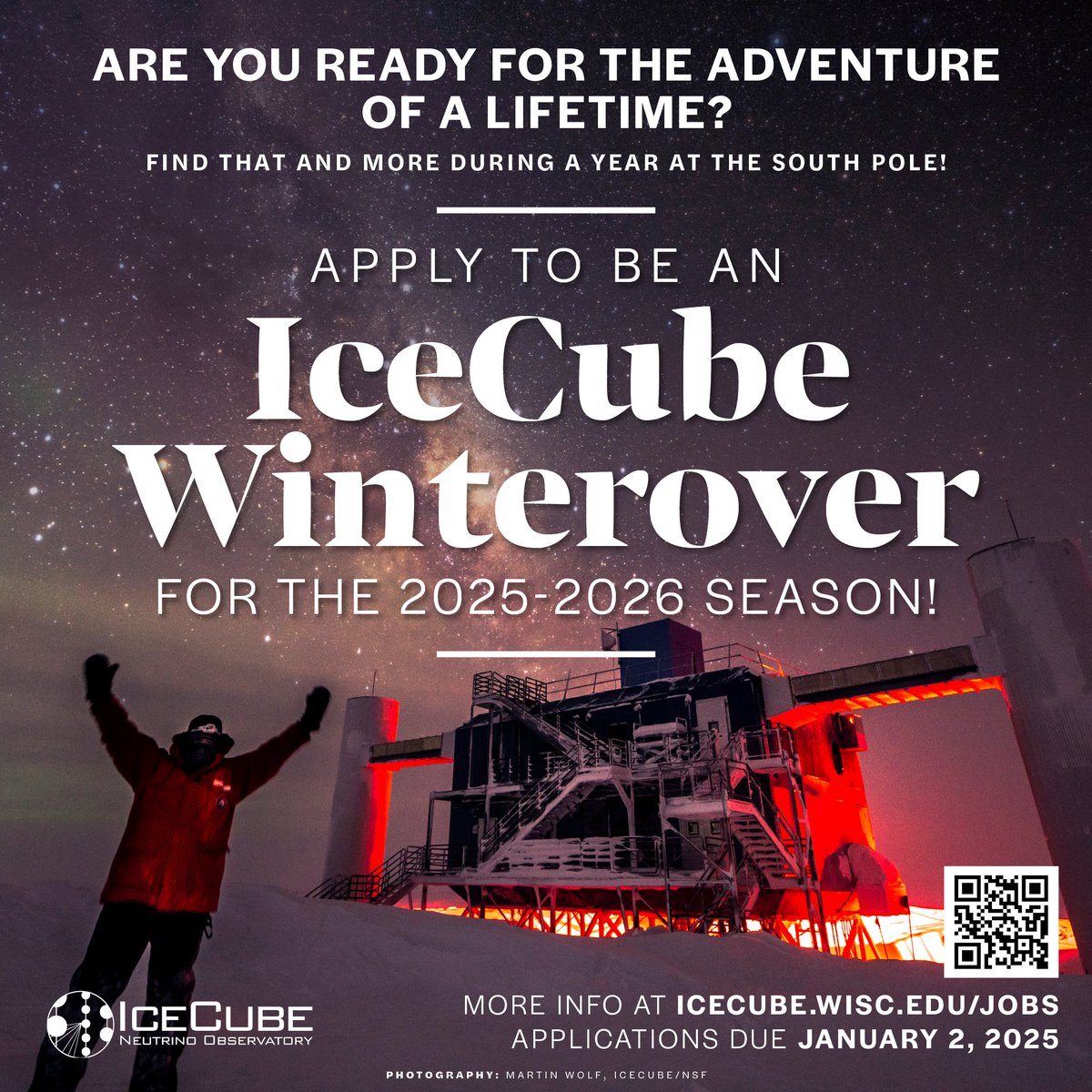 📢 Ever wonder what it's like to work at one of the coolest places on Earth? Now's your chance! ❄️ 🧊 

Winterover applications for the 2025-26 season are NOW OPEN! Applications are due January 2, 2025.  

Find out more and apply here ➡️ icecube.wisc.edu/jobs/