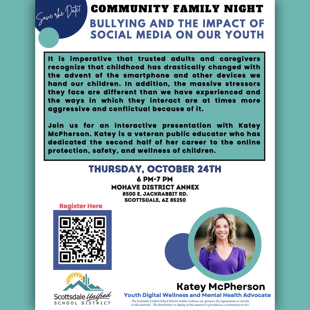 Don't miss our Community Family Night on October 24th at 6 PM. Katey McPherson will discuss how social media affects kids and how we can support their safety online. 📍 8500 E. Jackrabbit Rd.

Register here: docs.google.com/forms/d/e/1FAI…