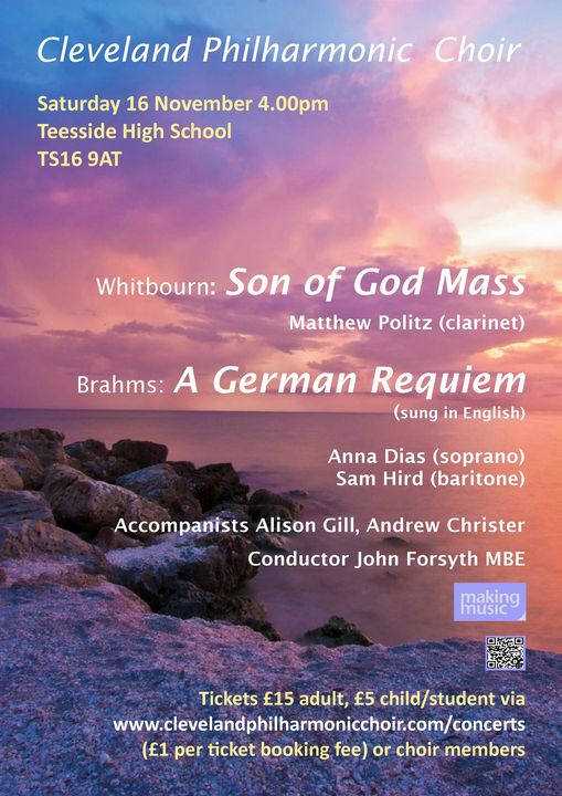 Saturday 16th November is the date of our first concert at a new venue - Teesside High School.  Late nights in November don’t hold much appeal, so the concert starts at 4pm. It’s one not to be missed!