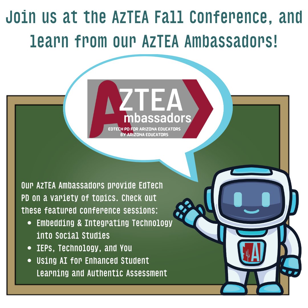 📷📷 Join us at the Chalkboards, Chatbots, and Children conference to learn from our AzTEA Ambassadors! Register now at bit.ly/azteafallconf24!  #makeazteayourpln #chalkboardsandchatbots #edtech #professionallearning #teachers #innovationineducation