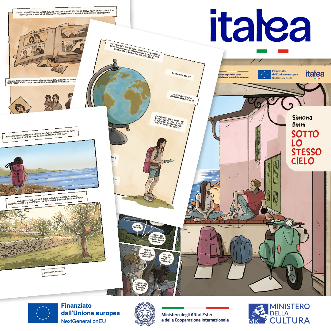 LuigiVignali's tweet photo. #SLIM24 Settimana della lingua italiana nel mondo, tema "L'italiano e il libro: il mondo fra le righe": presentiamo sabato 19 alla #Buchmesse Fiera #Francoforte lo splendido fumetto di @SimonaBinni sul turismo delle radici "Sotto lo stesso cielo", promosso dal programma #Italea https://t.co/m7tepC9f3p