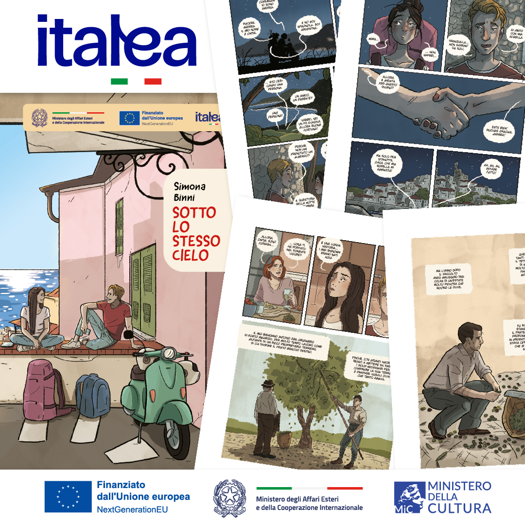LuigiVignali's tweet photo. #SLIM24 Settimana della lingua italiana nel mondo, tema "L'italiano e il libro: il mondo fra le righe": presentiamo sabato 19 alla #Buchmesse Fiera #Francoforte lo splendido fumetto di @SimonaBinni sul turismo delle radici "Sotto lo stesso cielo", promosso dal programma #Italea https://t.co/m7tepC9f3p