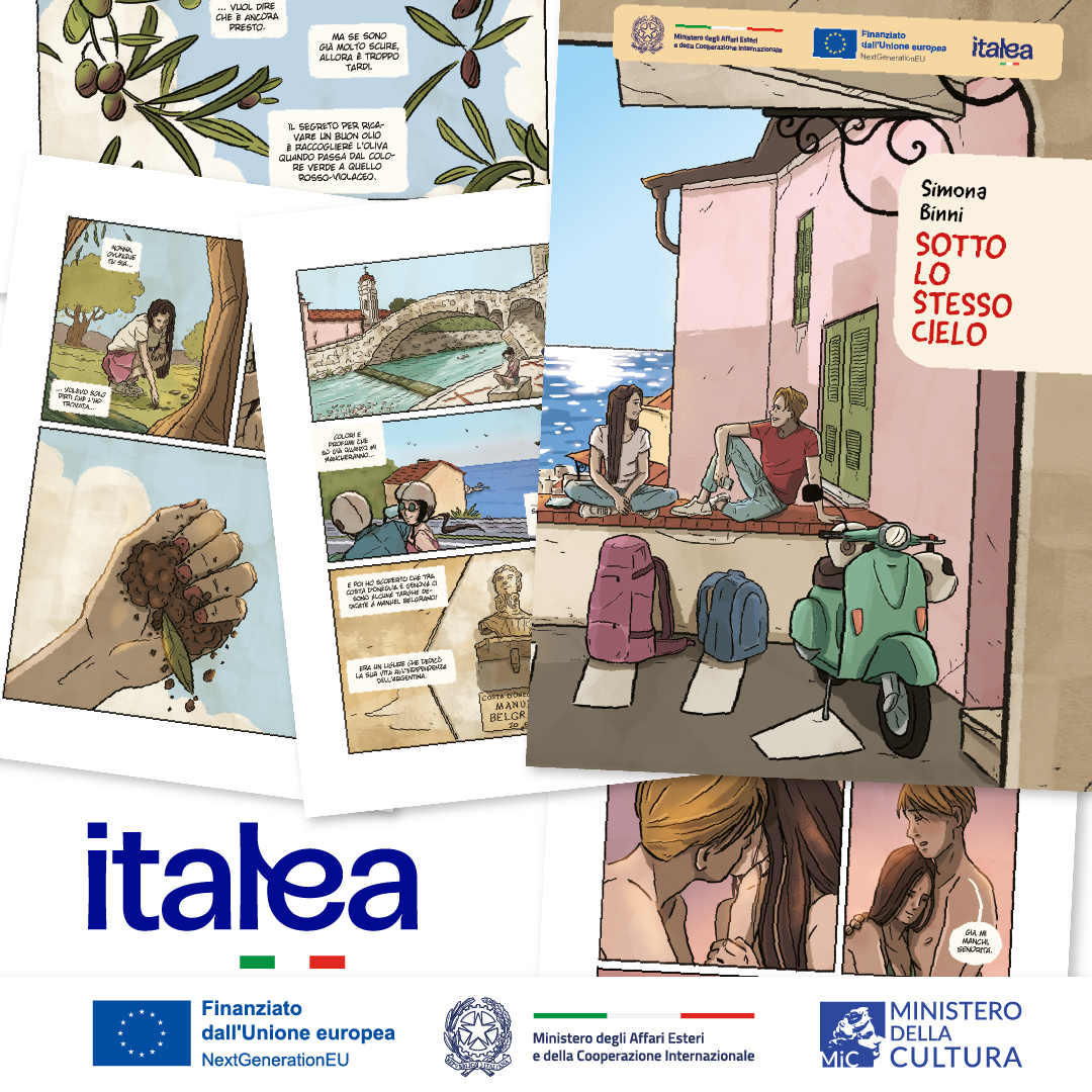 LuigiVignali's tweet photo. #SLIM24 Settimana della lingua italiana nel mondo, tema "L'italiano e il libro: il mondo fra le righe": presentiamo sabato 19 alla #Buchmesse Fiera #Francoforte lo splendido fumetto di @SimonaBinni sul turismo delle radici "Sotto lo stesso cielo", promosso dal programma #Italea https://t.co/m7tepC9f3p