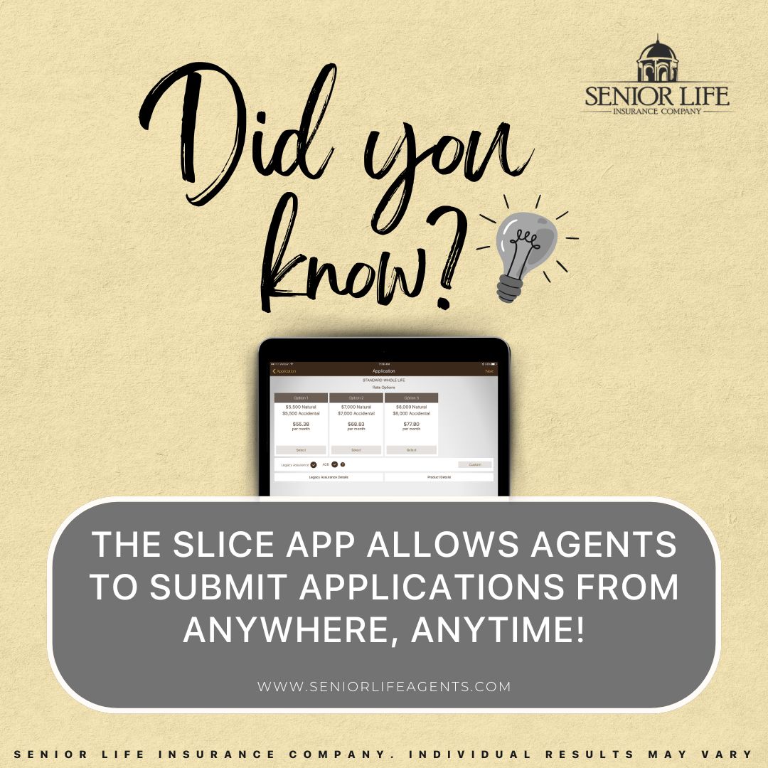 SeniorLifeInsCo's tweet image. With SLICE, our agents have the power to handle everything right from their tablet, providing fast and effective service while growing their business. Efficiency, flexibility, and success are now just a few taps away.📲 #SliceApp #SeniorLifeInsurance #Innovation#Empowerment