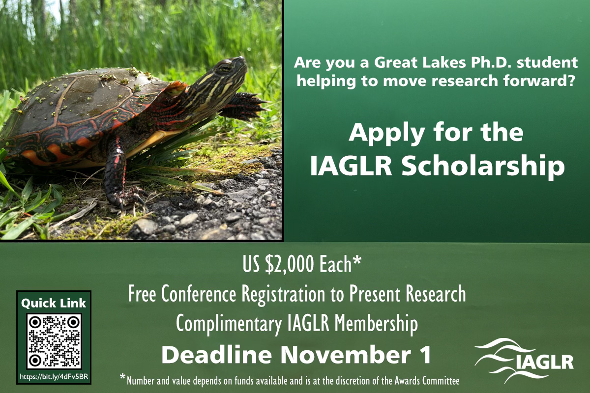 The IAGLR Scholarship is awarded annually to promising Ph.D. students whose dissertation research is likely to make a significant contribution to the understanding of large lakes. Application deadline: November 1. For more information: bit.ly/4dFv5BR #GreatLakesSci