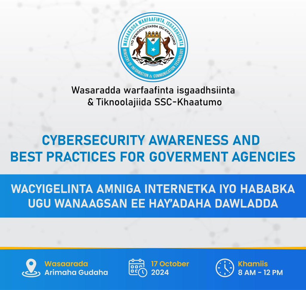 abdilhalimadam's tweet photo. Maanta waxaan qabanay Tababarka la xidhiidha Cyber Security 1, waxaaba u qabanay qaar kamid ah agaasimayaasha dawladda, waxaa soo qaban qaabiyay  Agaasimaha Wasaaradda Warfaafinta iyo Teknolojiyadda Abdurahman Yusuf Abdi. https://t.co/92p1pbkbzK