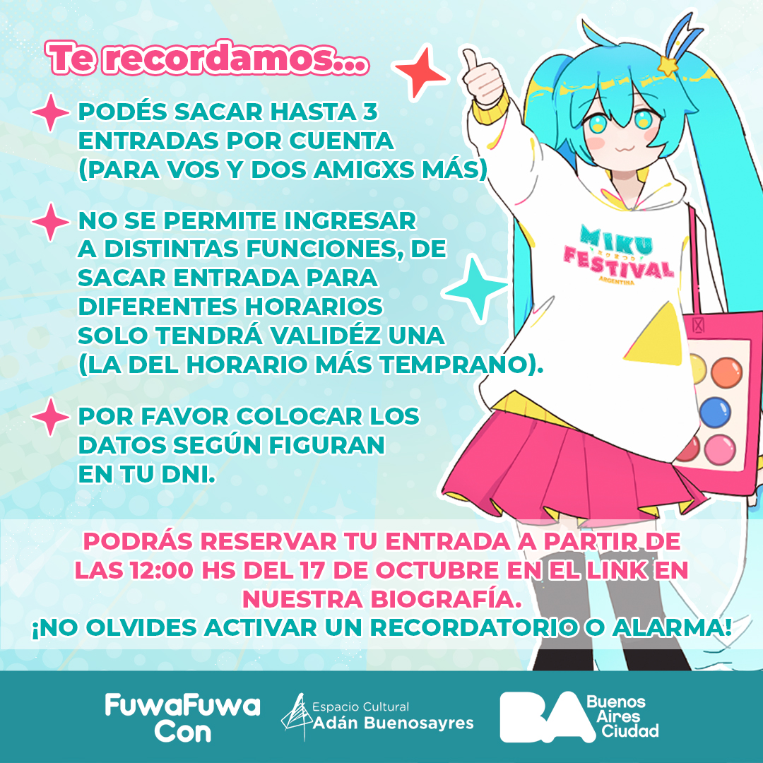 Hola! Por si no lo viste en Instagram, quedan pocas entradas para la segunda fecha de nuestro fanconcert gratuito⭐Lee atentamente los posts en IG para saber todo lo necesario! 

#Mikufestival #Vocaloidargentina

eventbrite.com/e/miku-festiva…