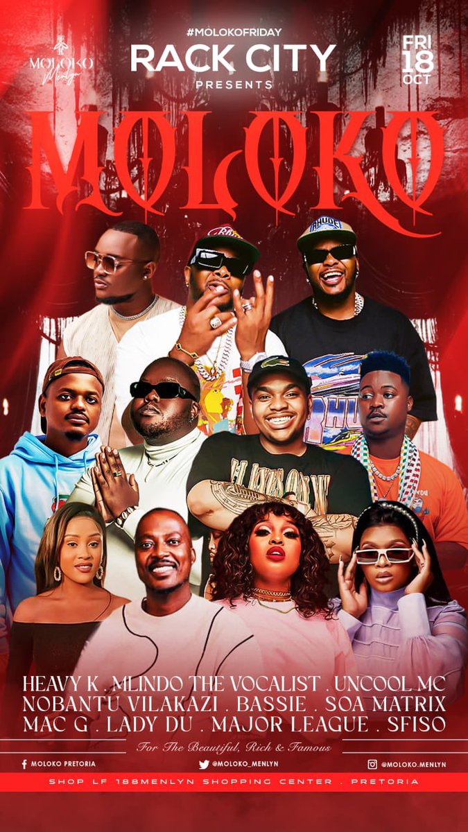 KgothatsoMmotla's tweet photo. Get ready for an unforgettable night @Moloko_Menlyn this Friday, 18th October! 🔥

Featuring:
🎤 @HeavykDrumboss 
🎤@MlindoRSA 
🎤@therealUncoolmc 
🎤 @VilakaziNobantu 
🎤@Bassie
🎤 @Soamatrix
🎧 @MacGUnleashed 
🎧 @Ladydu_sa 
🎧@MAJORLEAGUEDJZ 
🎤@sfiso https://t.co/jQly3zWOch