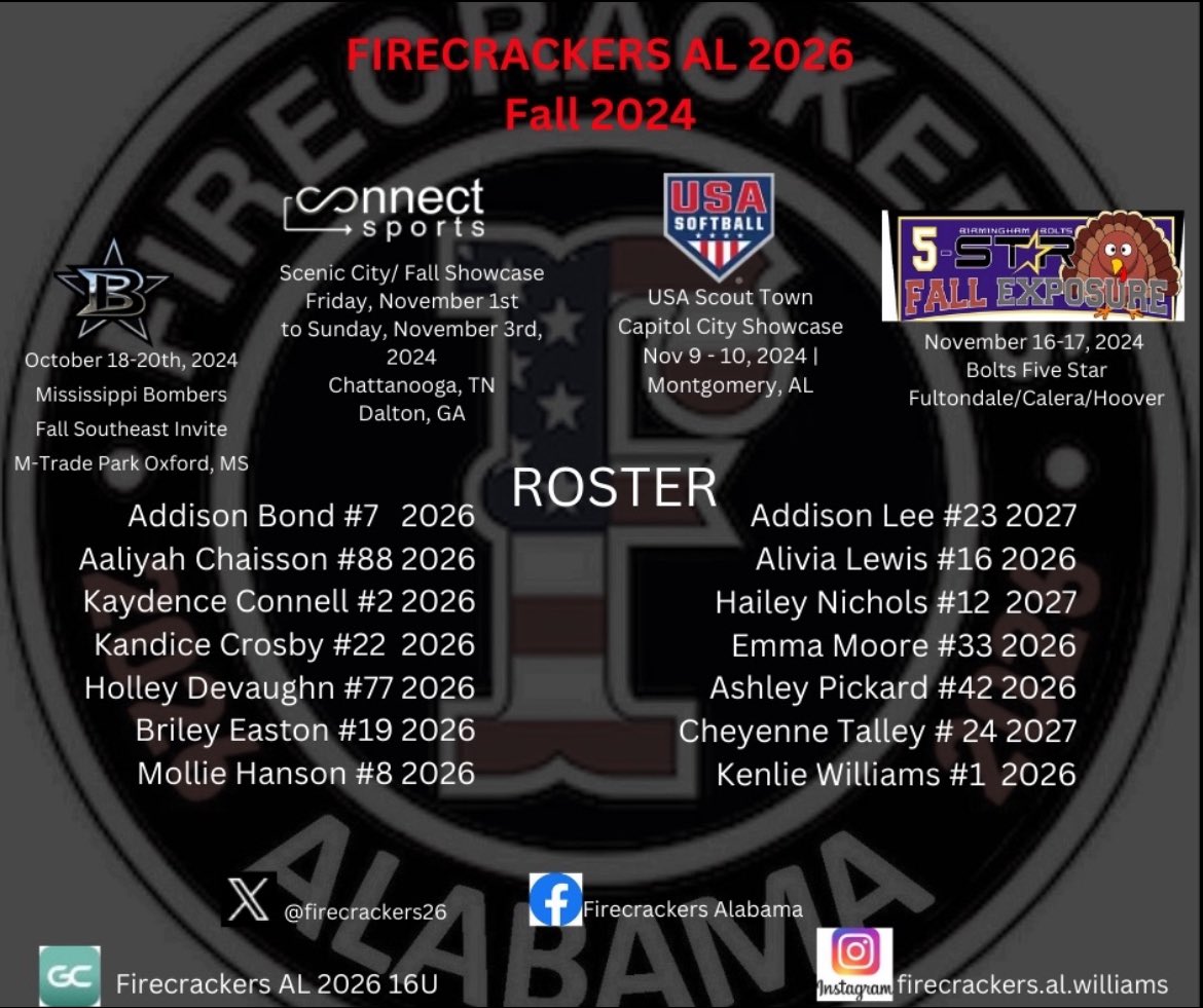 Addisonbond2026's tweet image. 🧨Fall Schedule🧨
#FCFF 
@firecrackers26