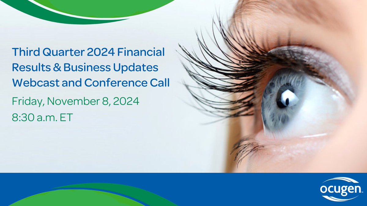 Ocugen's tweet image. On Friday, November 8, 2024, Ocugen will host a conference call and live webcast to discuss the Company’s third quarter 2024 financial results and provide a business update. For more information on how to join, click here: bit.ly/3Uc6iyu