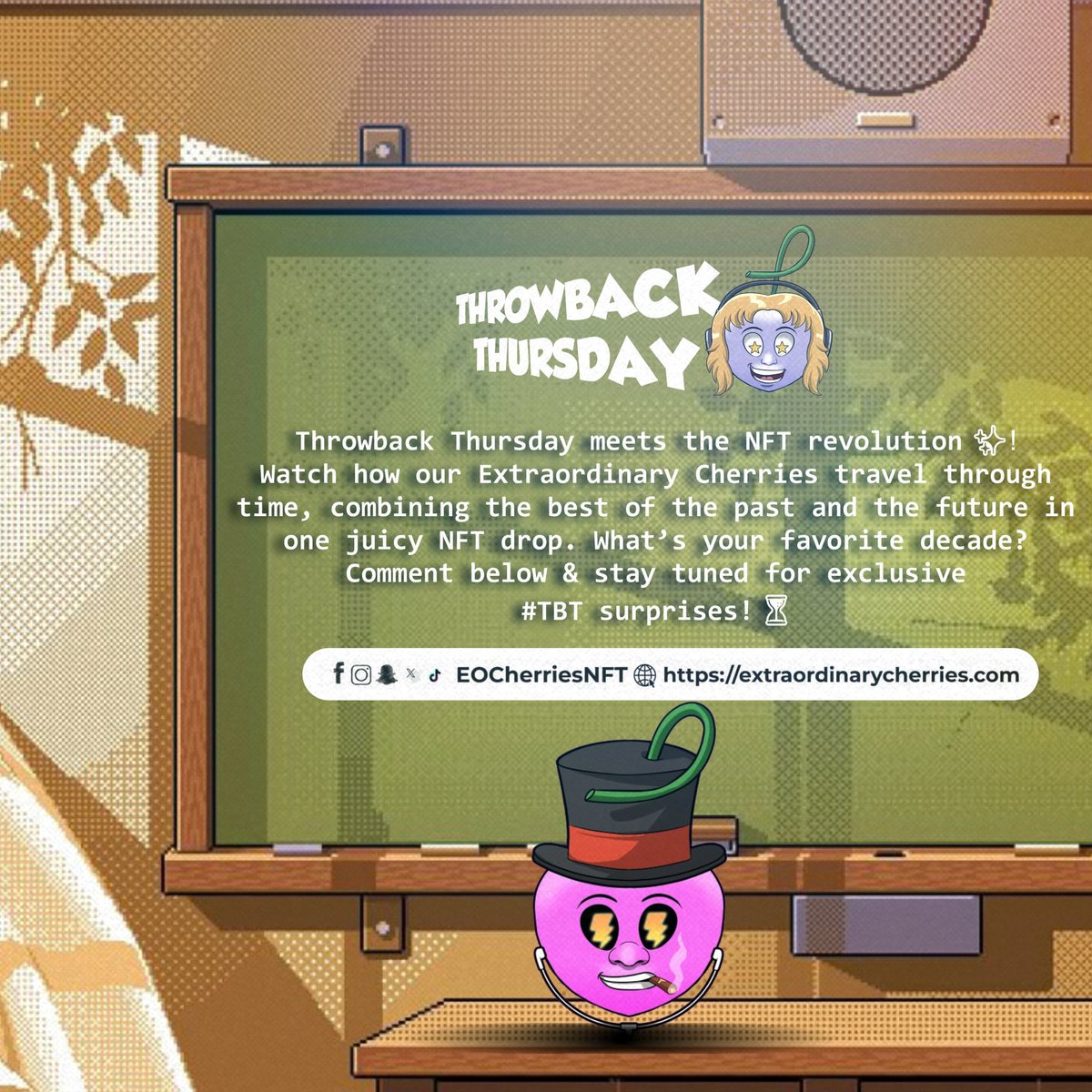EOCherriesNFT's tweet photo. Watch how our Extraordinary Cherries travel through time, combining the best of the past and the future in one juicy NFT drop.⭐ 🍒
What’s your favorite decade?
#ExtraordinaryCherriesNFT #Ethereum #EthereumNFT #ThrowbackThursdays #ThrowbackTimes #Solana #SolanaNFT #NFT #NFTs https://t.co/PG1UAsDJ30