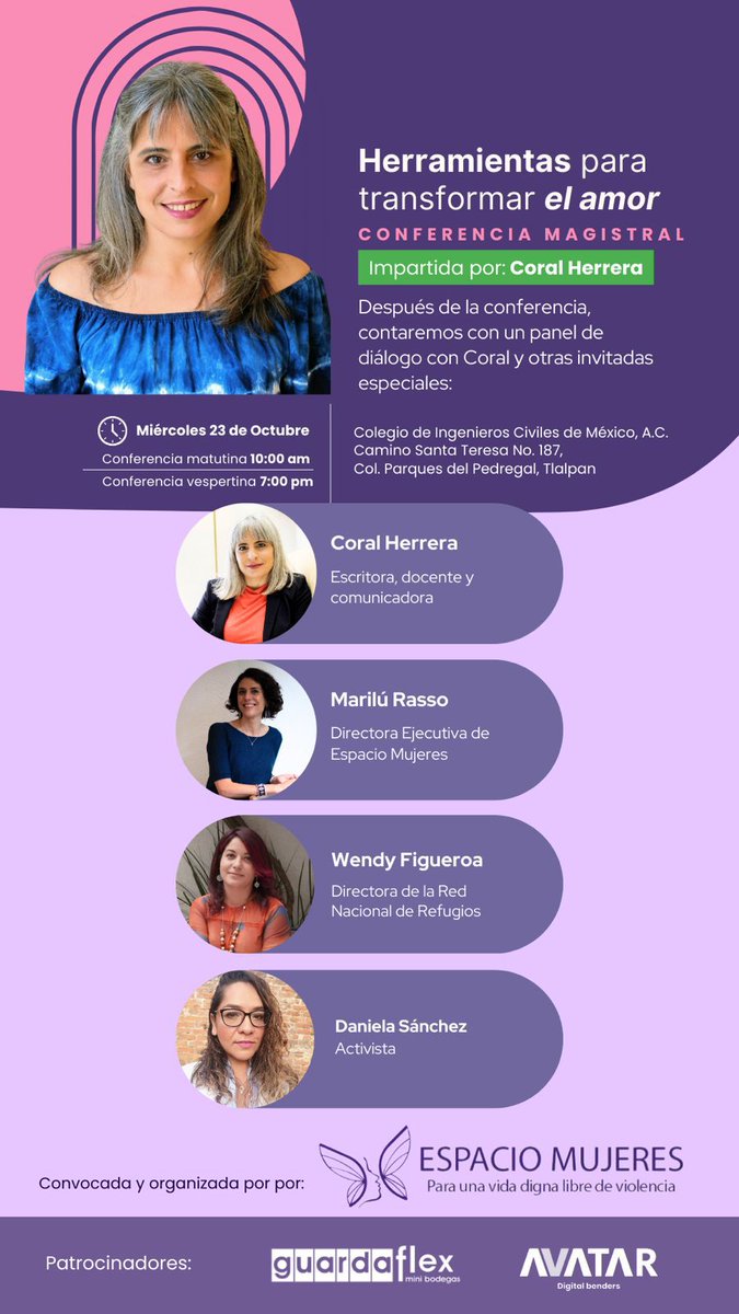 Próximo miércoles 23 de octubre 2024, <a href="/coralherreragom/">Coral Herrera Gómez</a> en #Mexico, presenta la conferencia "Herramientas para transformar el amor". 
Conferencia para apoyar y recaudar fondos para <a href="/espaciomujeres/">espaciomujeres</a>
Boletos en boletia.com/billboards/her…
<a href="/i_rasso/">Marilu Rasso I</a> <a href="/SayetziMariposa/">Wendy Figueroa</a> <a href="/RNRoficial/">Red Nacional de Refugios, AC</a> 💜✨