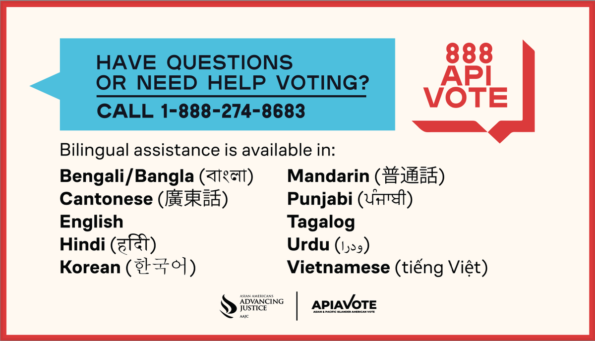This election season <a href="/AAAJ_AAJC/">Advancing Justice - AAJC</a> and <a href="/APIAVote/">APIAVote | #StopAsianHate</a> are providing voting assistance in ten different Asian languages. Call the API Multilingual Voter Hotline at 1-888-API-VOTE (274-8683) if you need help casting your ballot!