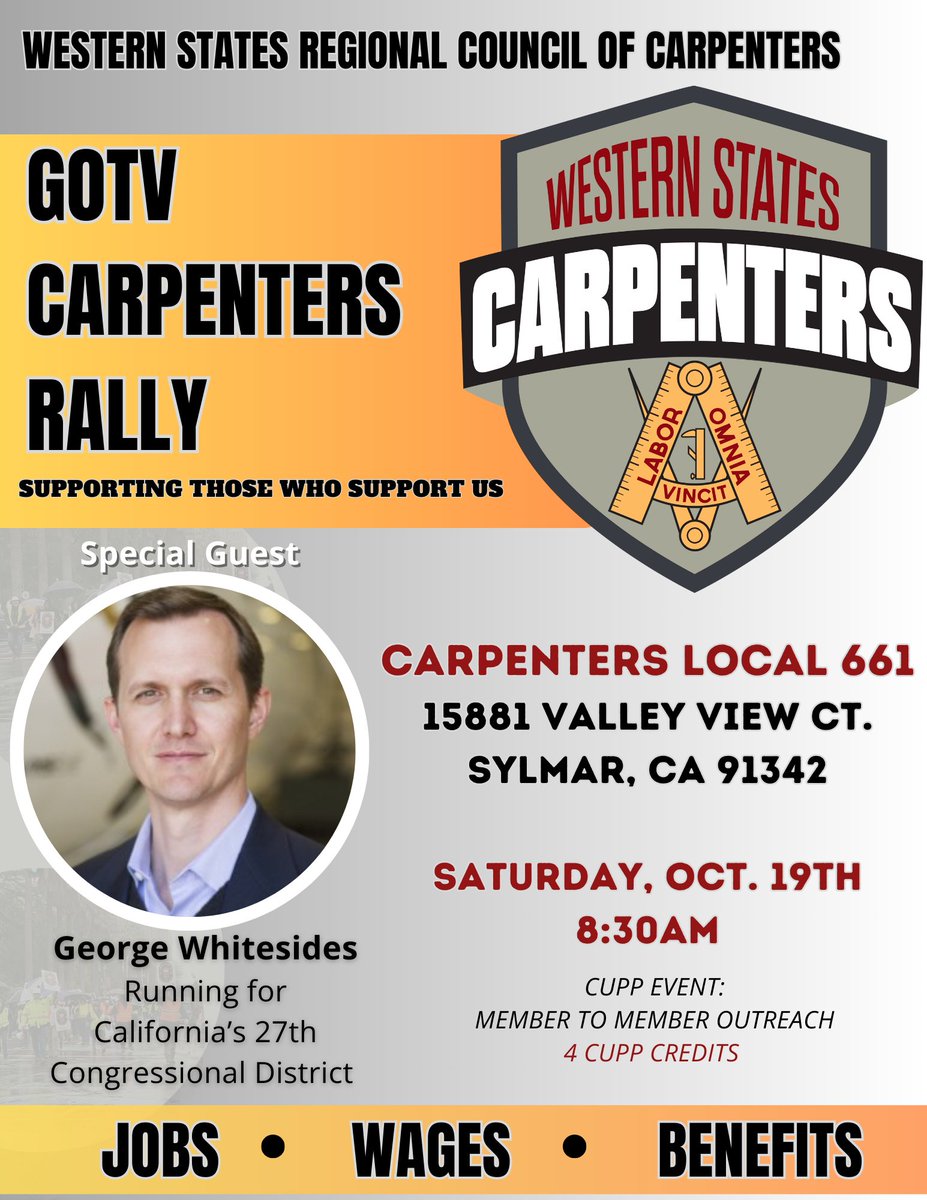 WSCarpenters's tweet photo. SAVE THE DATE! Join us on October 19th for a Get Out The Vote Rally at Sylmar #Local661. Support those who support us!
#GOTV #VOTE #Election2024 #2024VOTE #GetOutTheVOTE #UNION #WSCarpenters #UnionCarpenters #Carpenters #YourVoteYourVoice #ElectionYear #VotingMatters https://t.co/kFPM8watEG