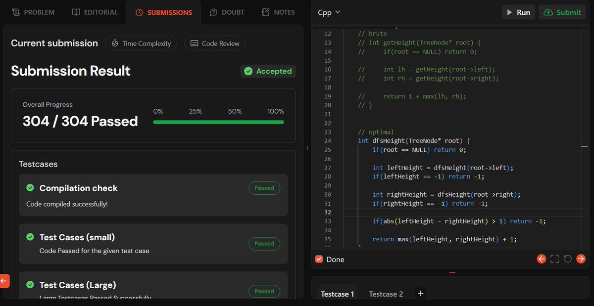 akshkumart's tweet image. Day 145:
TUF+ Q. Check for balanced binary tree (calculate the heights of left and right subtrees and if the difference is greater than one then it's not a balanced tree)
#200daysofcodechallenge #connect