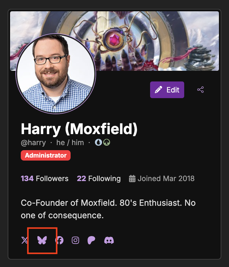 moxfieldmtg's tweet photo. Migrations are happening, folks. To celebrate, we've added 🦋 to our user profiles. See you there! 👋

A reminder that all of our socials are linked in the footer of every page, should you need to find us on another site. https://t.co/HKN5jp24Kx