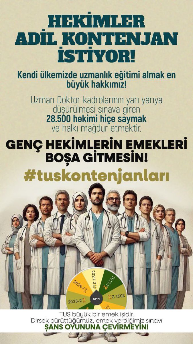 TUS’a giren 26 bin doktor, hayatlarını önceki 3 yılın kontenjanlarına göre planladı. Ani bir kadro düşüşüyle karşılaşmak planlarımızı altüst ediyor. Kadro azaltımı zamana yayılmalı, adalet sağlanmalı! #kemalhocamhekimlerekulakver <a href="/drmemisoglu/">Prof. Dr. Kemal Memişoğlu</a> <a href="/suayipbirinci/">Doç. Dr. Şuayıp Birinci</a>