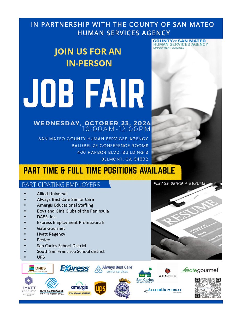 SMC HSA (@smchsa) on Twitter photo Join us on Oct. 23rd for an in-person JOB FAIR in Belmont at 400 Harbor Blvd. Bldg. B! Local <a href="/sanmateoco/">County of San Mateo</a> employers are hiring full time and part time positions. Connect with great employers and make a difference in your community! Join us on Oct. 23rd for an in-person JOB FAIR in Belmont at 400 Harbor Blvd. Bldg. B! Local <a href="/sanmateoco/">County of San Mateo</a> employers are hiring full time and part time positions. Connect with great employers and make a difference in your community!